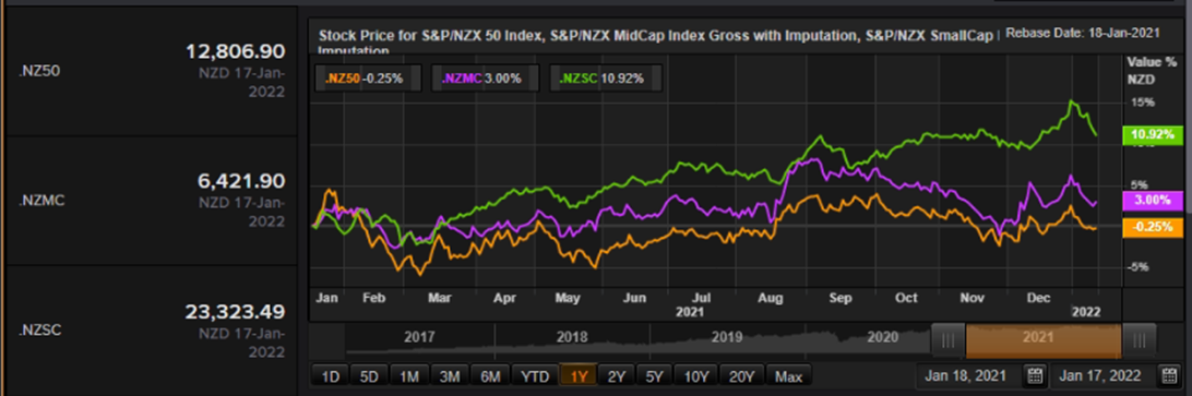 S&P/NZX 50 Index vs SmallCap Index vs MidCap Index – Performance Over One Year