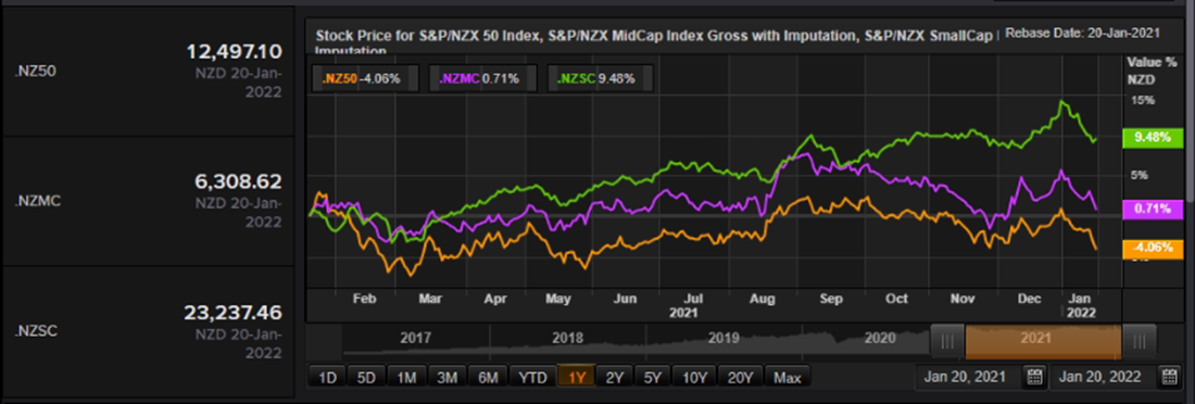 S&P/NZX 50 Index vs SmallCap Index vs MidCap Index &ndash; Performance Over One Year