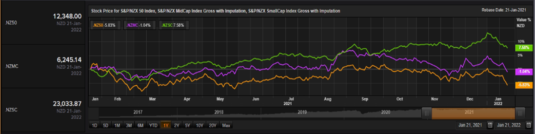 S&P/NZX 50 Index vs SmallCap Index vs MidCap Index – Performance Over One Year