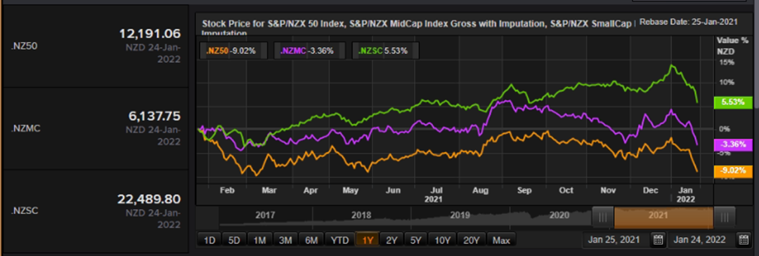 S&P/NZX 50 Index vs SmallCap Index vs MidCap Index – Performance Over One Year