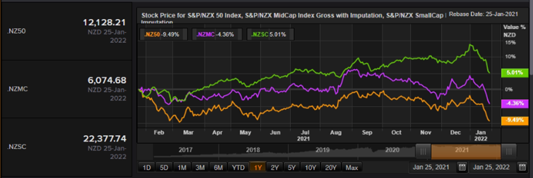 S&P/NZX 50 Index vs SmallCap Index vs MidCap Index – Performance Over One Year