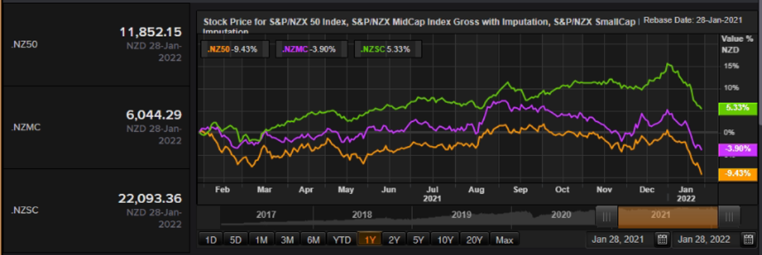 S&P/NZX 50 Index vs SmallCap Index vs MidCap Index – Performance Over One Year