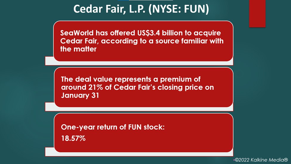 SeaWorld (SEAS) has offered to acquire Cedar Fair (FUN) for US$3.4 billion