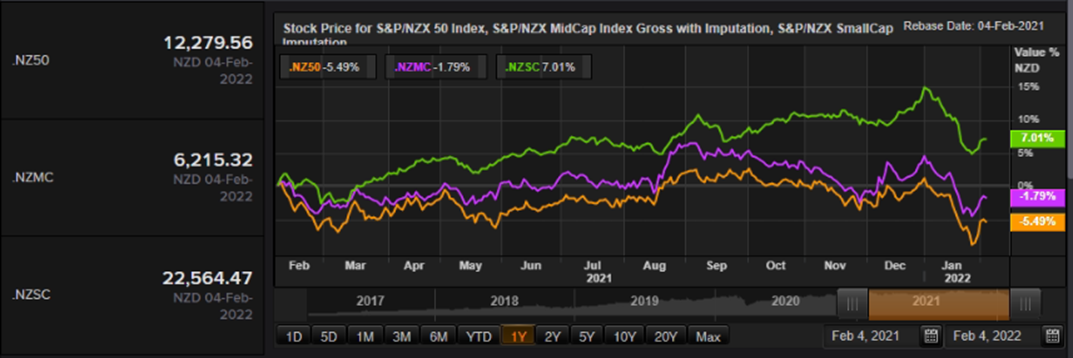 S&P/NZX 50 Index vs SmallCap Index vs MidCap Index – Performance Over One Year
