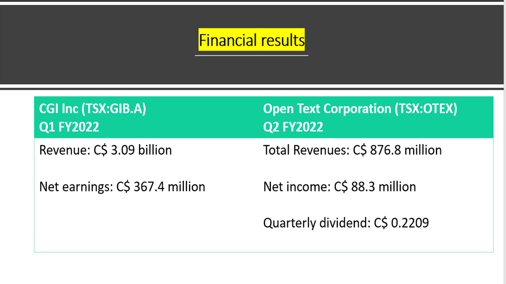 CGI Inc and OpenText Corporation earnings for the latest quarter