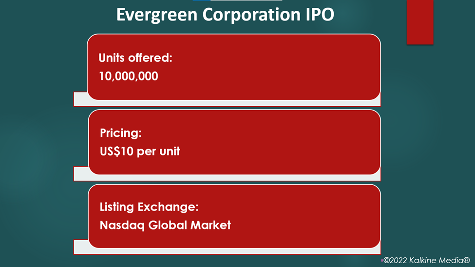 Evergreen Corporation is all set to go public on Wednesday, announced IPO pricing