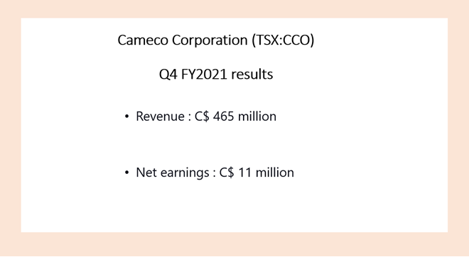 Cameco <a class='font-weight-bold' style='border-bottom: 2px dashed;' aria-label='https://kalkinemedia.com/ca/companies/tsx-cco'  href='https://kalkinemedia.com/ca/companies/tsx-cco'>(TSX:CCO)</a> Q4 FY2021 results