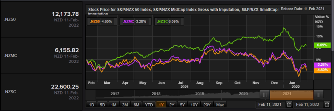 S&P/NZX 50 Index vs SmallCap Index vs MidCap Index – Performance Over One Year