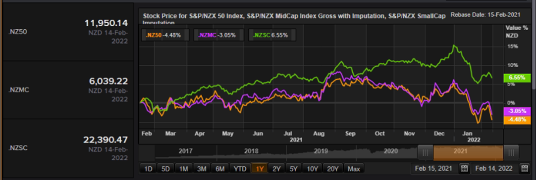 S&P/NZX 50 Index vs SmallCap Index vs MidCap Index – Performance Over One Year