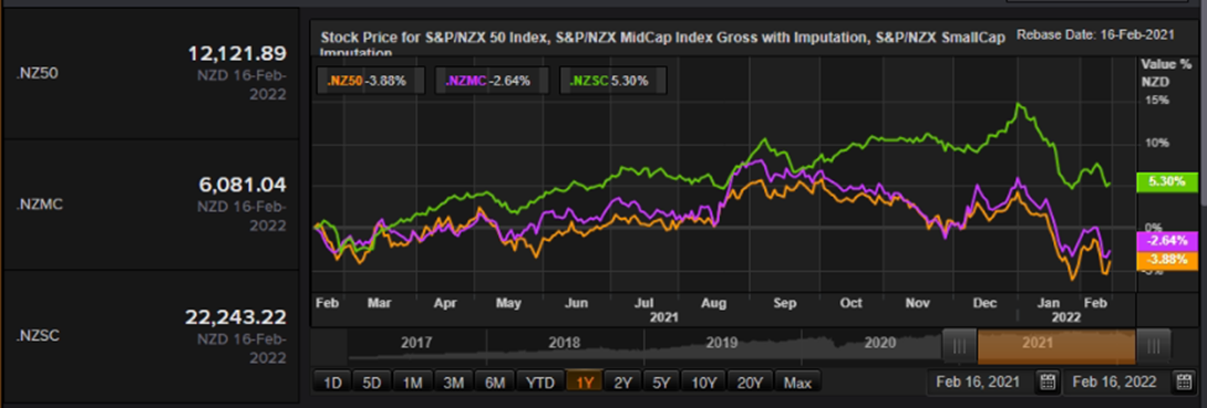 S&P/NZX 50 Index vs SmallCap Index vs MidCap Index &ndash; Performance Over One Year