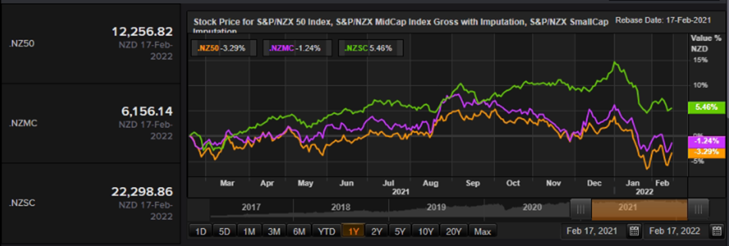 S&P/NZX 50 Index vs SmallCap Index vs MidCap Index – Performance Over One Year