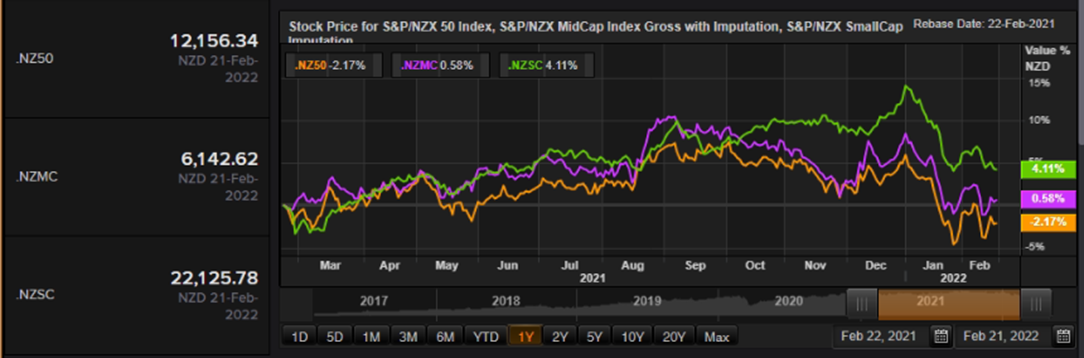 S&P/NZX 50 Index vs SmallCap Index vs MidCap Index – Performance Over One Year