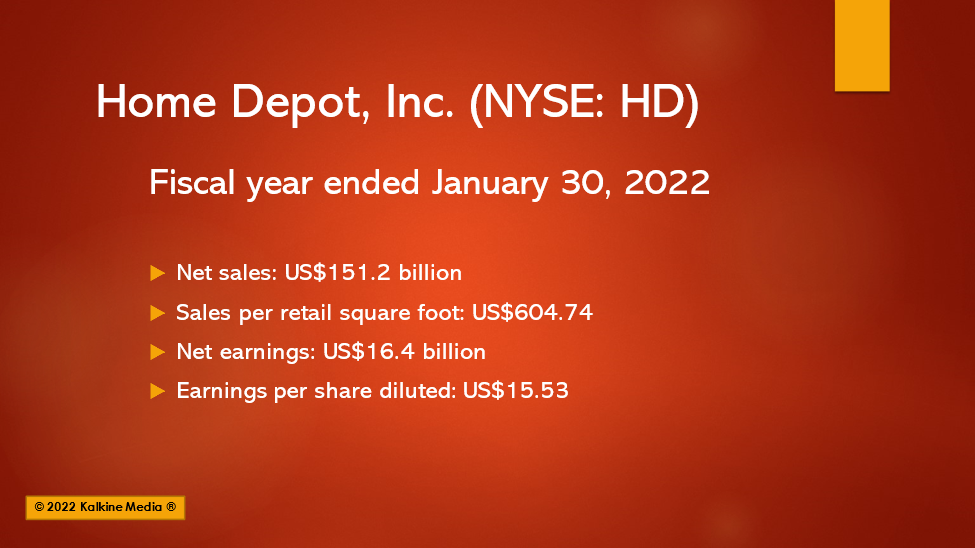 Home Depot, Inc. <a class='font-weight-bold' style='border-bottom: 2px dashed;' aria-label='https://kalkinemedia.com/us/companies/nyse-hd'  href='https://kalkinemedia.com/us/companies/nyse-hd'>(NYSE:HD)</a> full-year sales rose 14.4%, forecasts positive sales growth in 2022.
