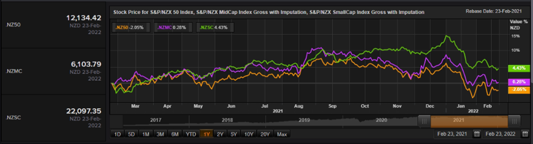 S&P/NZX 50 Index vs SmallCap Index vs MidCap Index – Performance Over One Year
