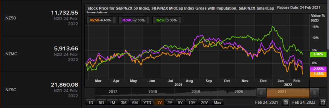 S&P/NZX 50 Index vs SmallCap Index vs MidCap Index – Performance Over One Year