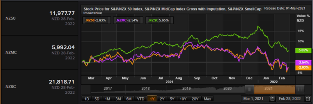S&P/NZX 50 Index vs SmallCap Index vs MidCap Index – Performance Over One Year
