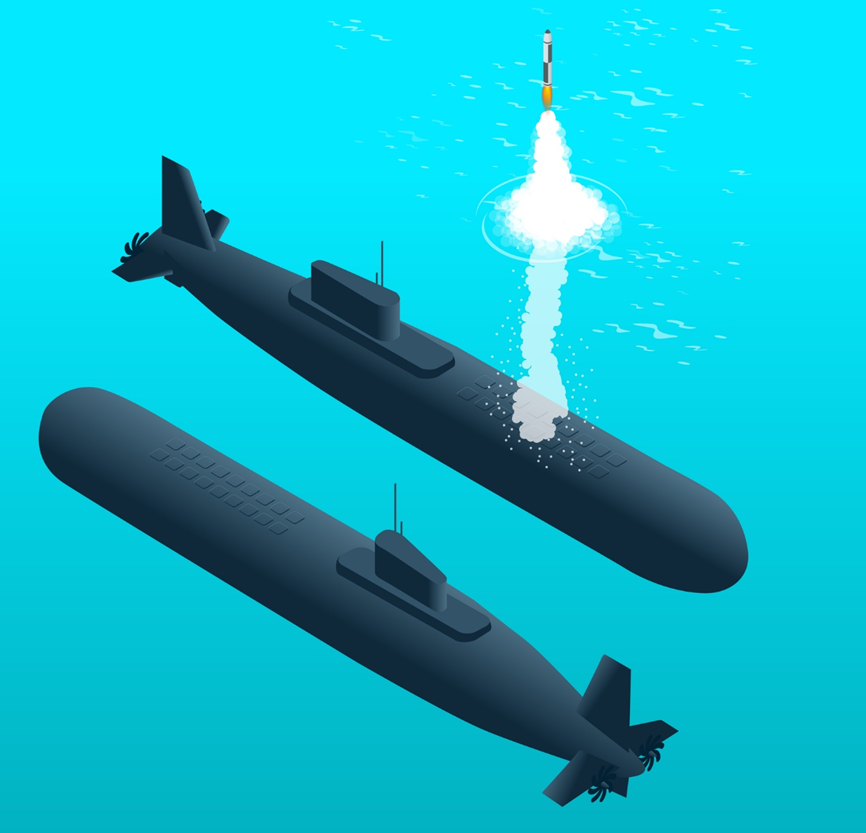 Nuclear powered submarine traveling underwater