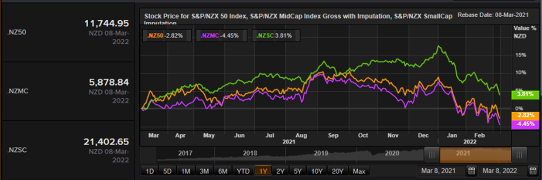 S&P/NZX 50 Index vs SmallCap Index vs MidCap Index – Performance Over One Year