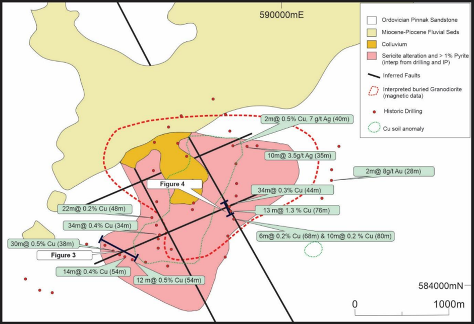 Geology and historic drilling intersections at Dogwood Cu Porphyry