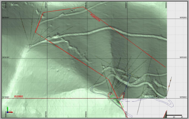 LIDAR Plan View of Snowstorm Project showing trace of all drill holes completed to date