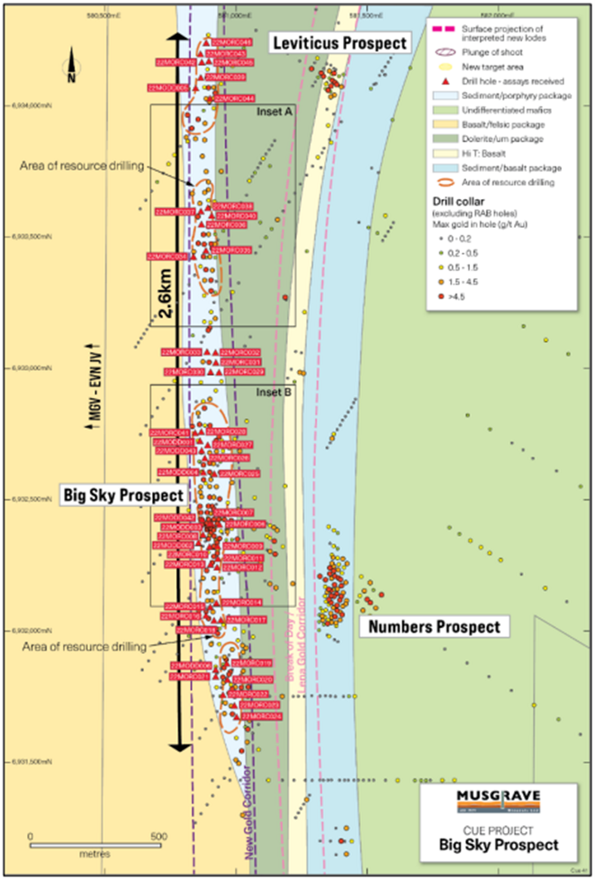 Sky Prospect, drill hole collars and areas of resource drilling