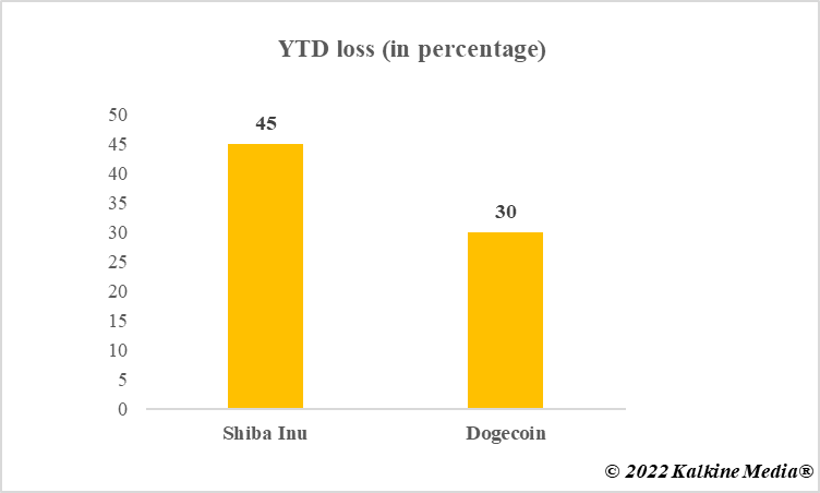 YTD loss of SHIB and DOGE in percentage