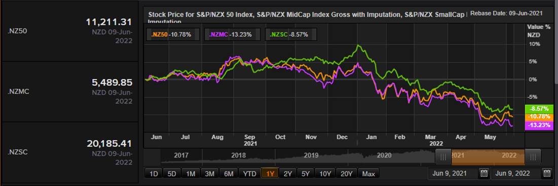 S&P/NZX 50 Index vs SmallCap Index vs MidCap Index – Performance Over One Year