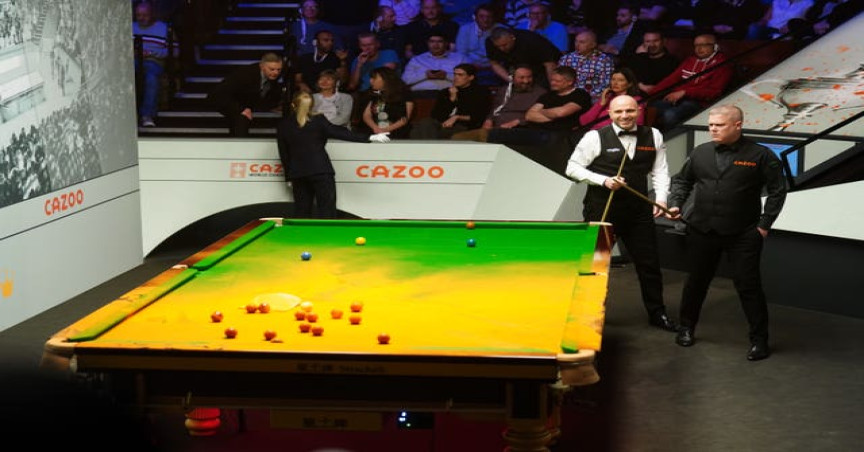 Orange powder on the table after a Just Stop Oil protester jumped on the table during the match between Robert Milkins against Joe Perry during day three of the Cazoo World Snooker Championship at the Crucible Theatre, Sheffield