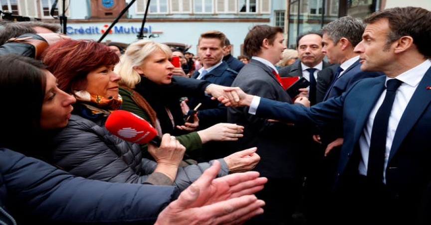 French President Emmanuel Macron meets residents in Selestat, eastern France