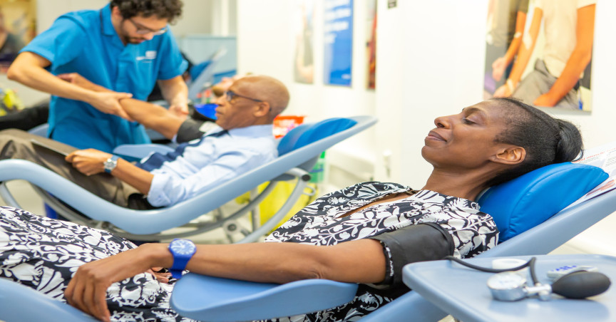 Lord Simon Woolley (left) and Dame Sharon White gave blood as part of efforts to raise awareness of the shortage of black donors (Rich Barr/PA) 