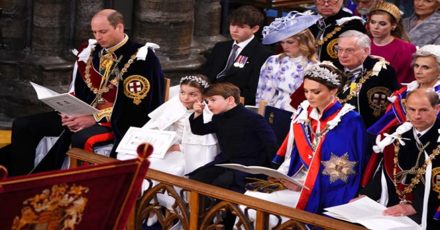 The Prince of Wales, Princess Charlotte, Prince Louis, the Princess of Wales and the Duke of Edinburgh at the coronation ceremony of King Charles III and Queen Camilla (Yui Mok/PA)