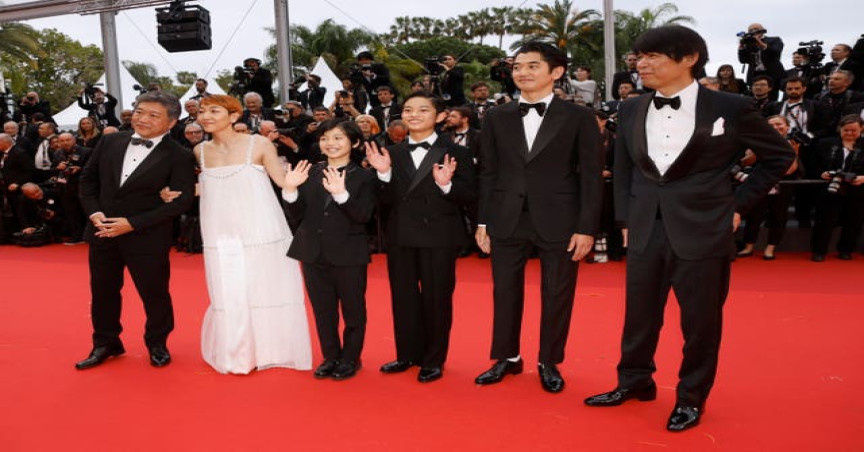 From left: director Hirokazu Koreeda, Sakura Ando, Hiiragi Hinata, Soya Kurokawa, Eita Nagayama, and Yuji Sakamoto arrive at the premiere of Monster
