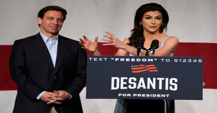 Republican presidential candidate Florida governor Ron DeSantis listens to his wife Casey speak during a campaign event, Tuesday, May 30, 2023, in Clive, Iowa