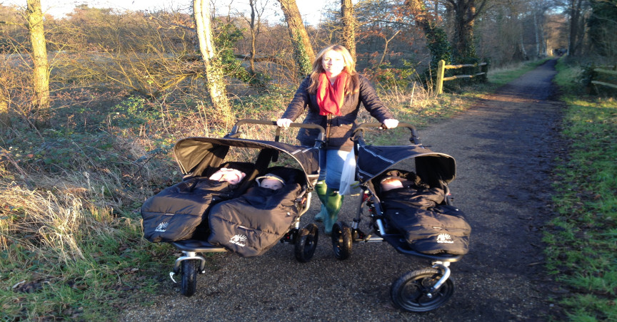 Lisa Ashworth with her triplets in buggies