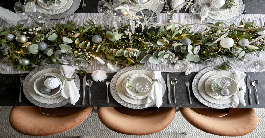 Festive tablescape with white tableware