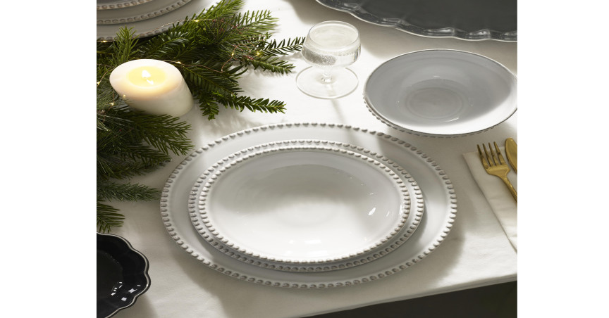 MM Living White Table Range: Living Glacier Bobble Dinner Plate, £12; Side Plate, £10; Pasta Bowl, £12, rest of items from a selection, Pure Table Top
