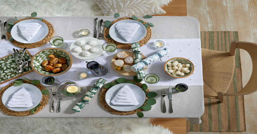 John Lewis Round Water Hyacinth Woven Placemats, Set of 2, Natural, £12; Nosse Ceramics Smooth Stoneware Dinner Plate, Grey, £12; John Lewis Foliage Motif Mango Wood Serving Bowl, Natural/Green, from £23, rest of items from a selection, John Lewis