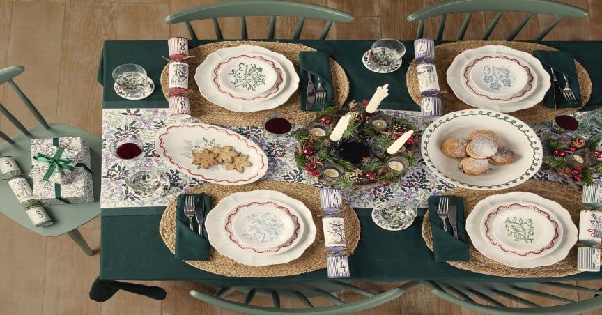 John Lewis Flora 12 Days of Christmas Fine China Plates, Set of 12, Assorted, £35; Winter Foliage Fina China Coaster, Multi, £5; 12 Days of Christmas Glass Tumbler, 510ml, Clear/Multi, rest of items from a selection, John Lewis