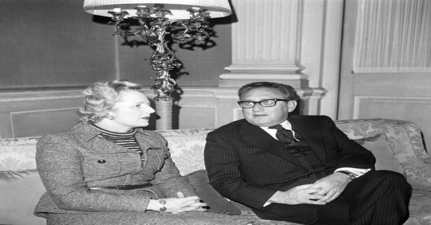 Then-leader of the opposition Margaret Thatcher having breakfast with Mr Kissinger in February 1975 