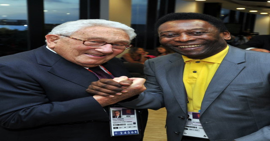 Brazilian football great Pele with Mr Kissinger at the closing ceremony of the 2012 London Olympic Games