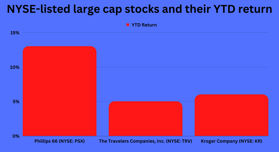 Top 3 NYSE-listed large cap stocks and their YTD return