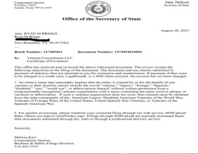 Texas Veteran Ryan Briggs blocked by Secretary of State's office from filing his LLC business registration