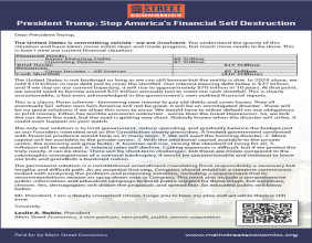 Main Street Economics’ Wall Street Journal Ad Urges President Trump to Act on Looming U.S. Debt Crisis
